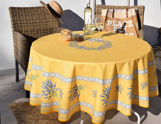 Round 70'' coated or cotton French Provence tablecloth yellow with lavender pattern