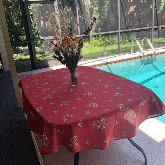 Oval 78"or 98" coated or cotton French Provence tablecloth red with olive pattern
