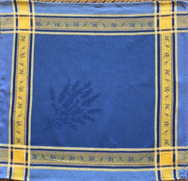 Set of Provence France Napkins "Senanque" jacquard woven blue yellow lavender pattern