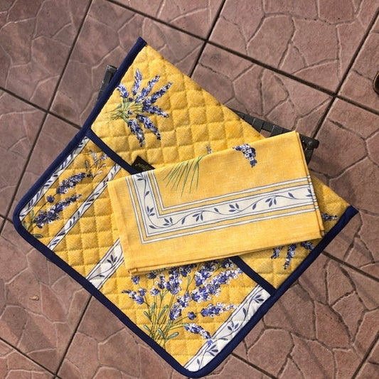 Set of 2 napkin bags quilted cotton with napkin inside from Provence yellow color dark blue edge