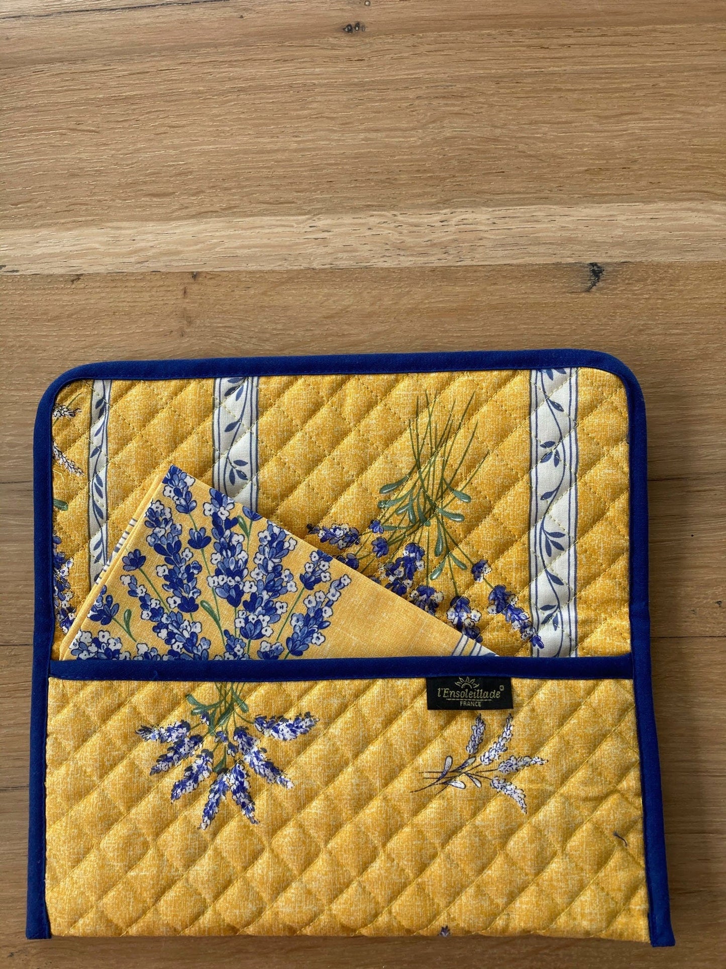 Set of 2 napkin bags quilted cotton with napkin inside from Provence yellow color dark blue edge
