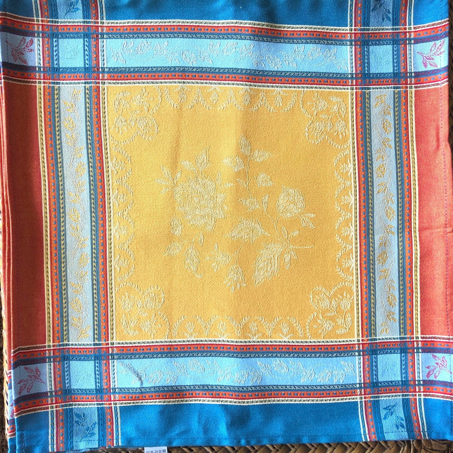 Set of Provence France Napkins jacquard woven curry color yellow, orange blue "ramatuelle curry"