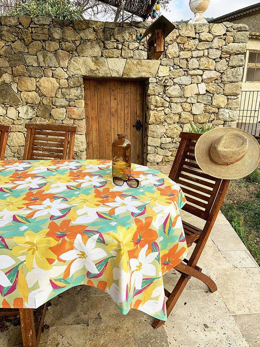Round 61" coated French Provence tablecloth colorful yellow orange