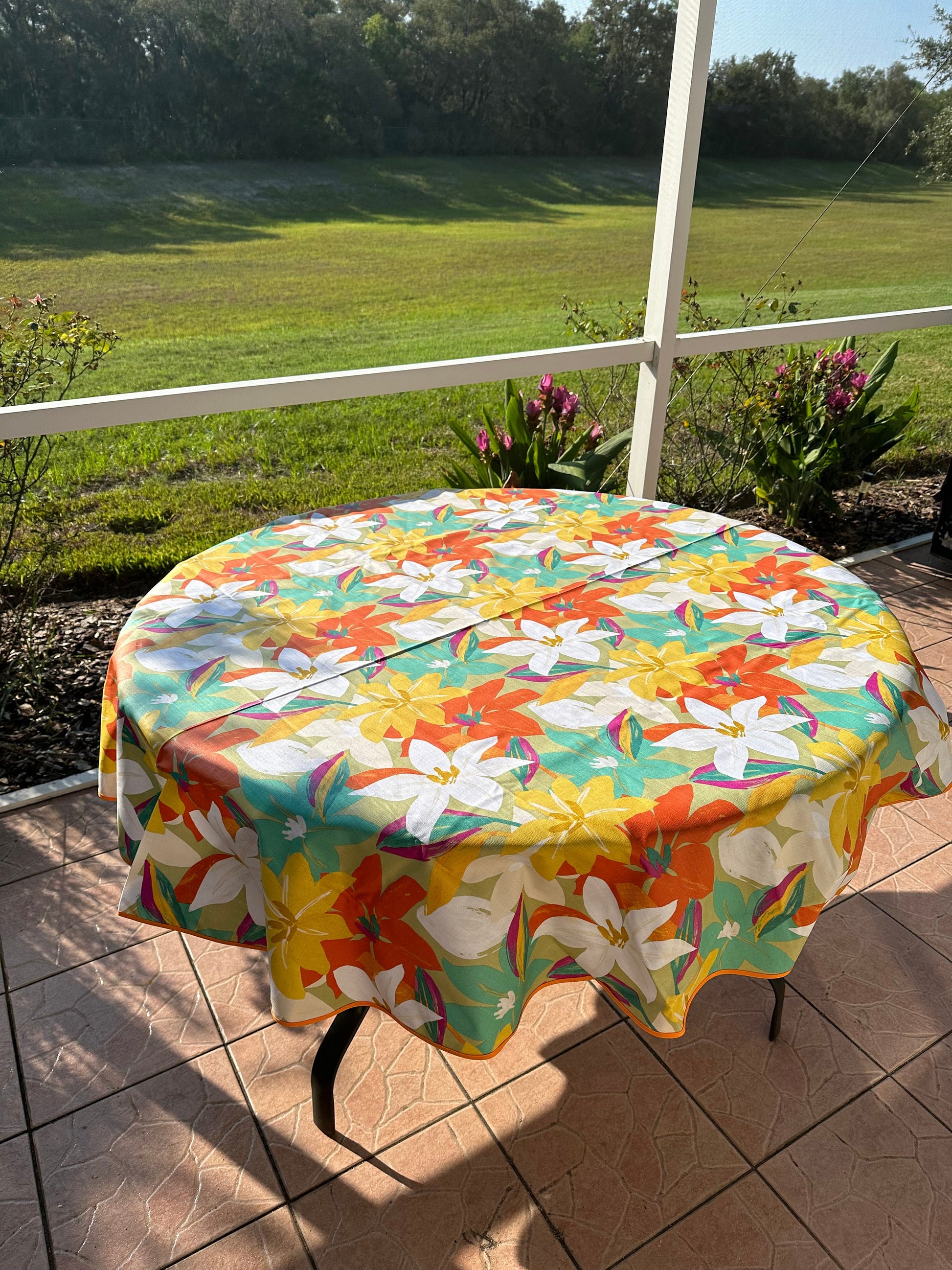 Round 61" coated French Provence tablecloth colorful yellow orange