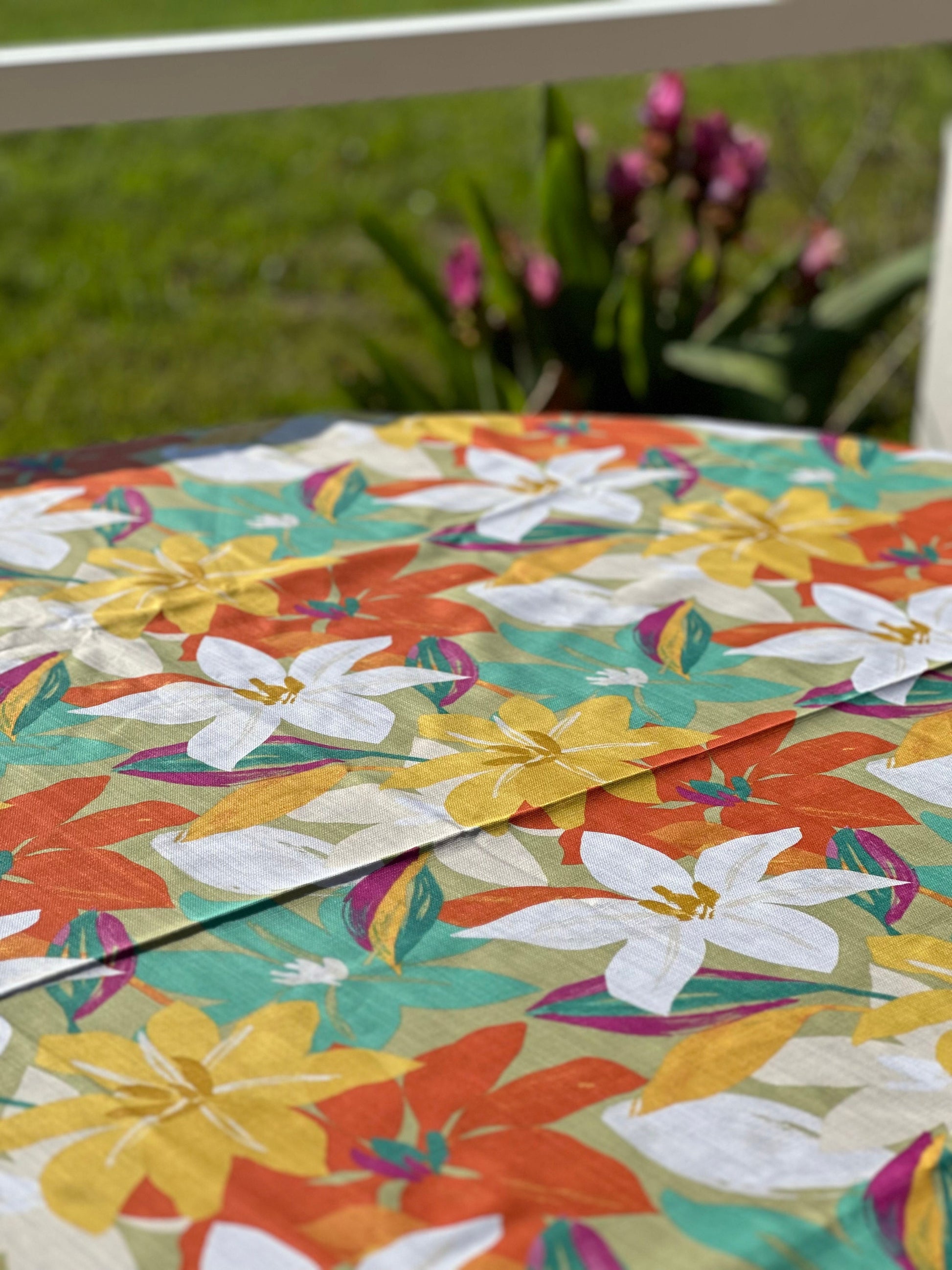 Round 61" coated French Provence tablecloth colorful yellow orange