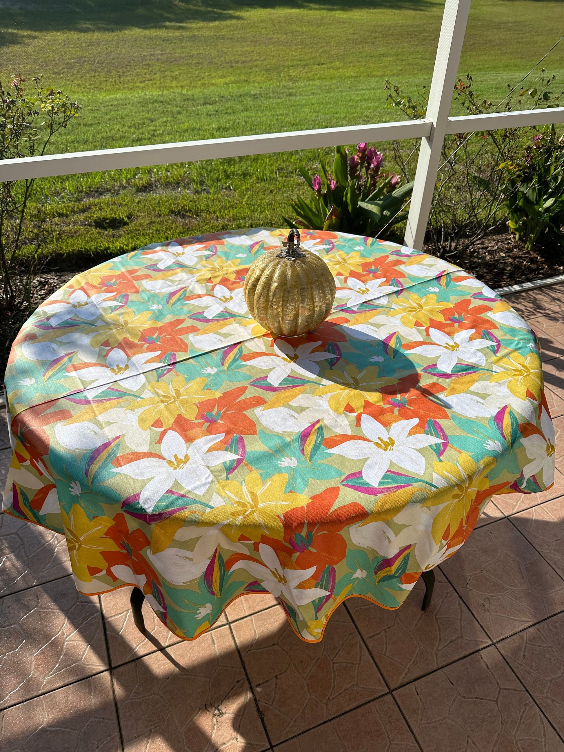 Round 61" coated French Provence tablecloth colorful yellow orange
