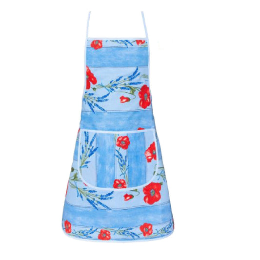 Provence kitchen Apron cotton Poppy background blue with pocket from France