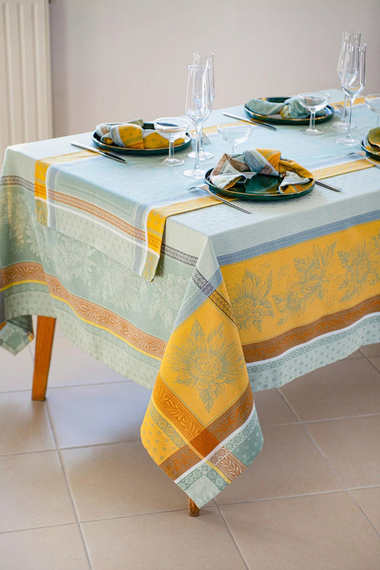 Rectangular 78" or 98'' France Jacquard Provence tablecloth "Beaulieu" vibrant colors water repellent soft teal green