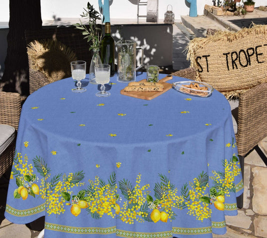 round 70" coated cotton French Provence tablecloth yellow Mimosa lemon and blue