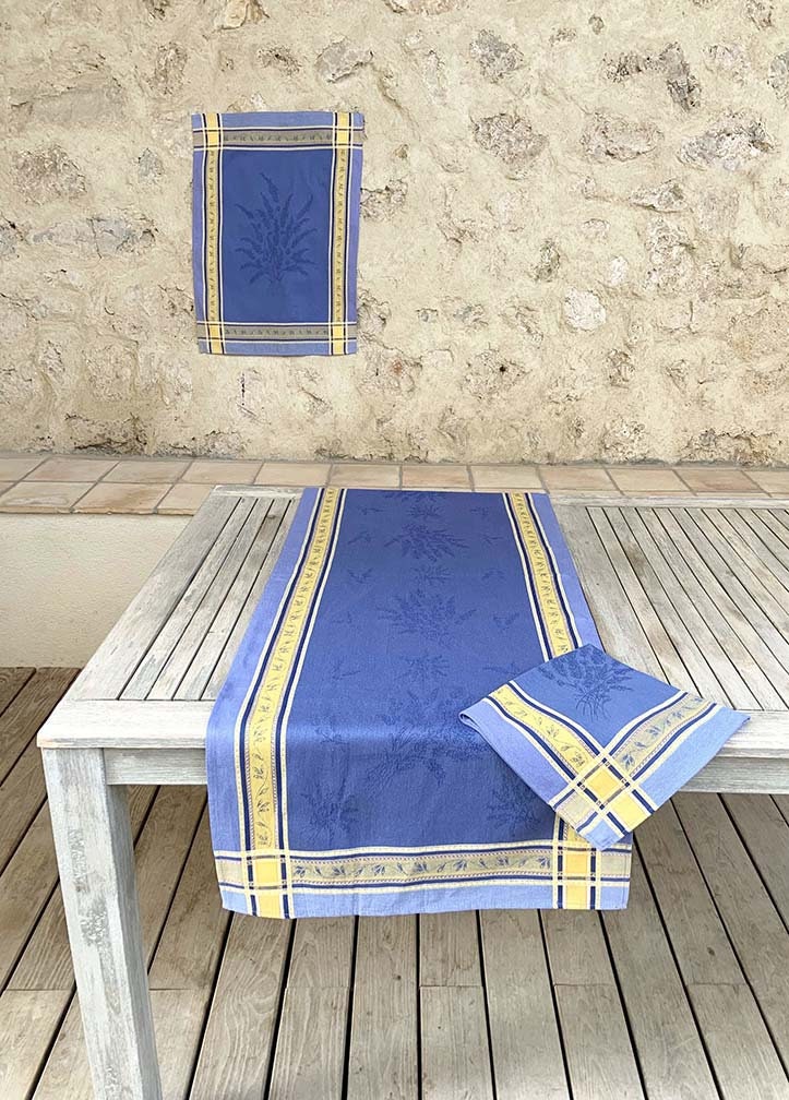 Set of Provence France Napkins "Senanque" jacquard woven blue yellow lavender pattern