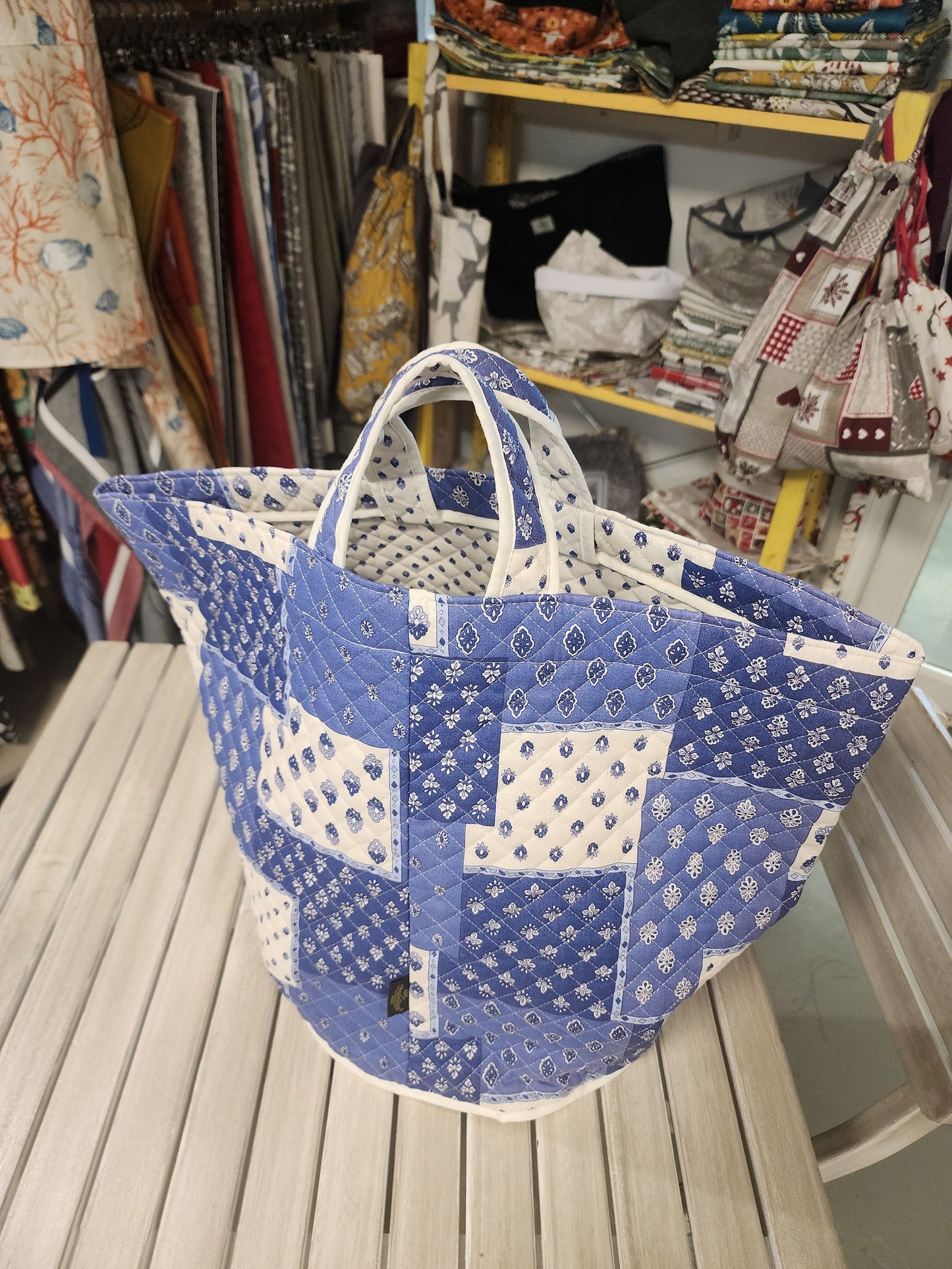 French Handmade Tote Bag Stylish Beach Bag Made in France Quilted Blue Green Pink Orange Blue White Red