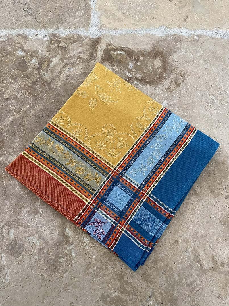 Set of Provence France Napkins jacquard woven curry color yellow, orange blue "ramatuelle curry"