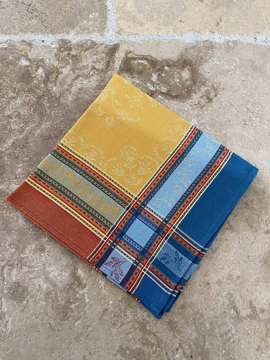 Set of Provence France Napkins jacquard woven curry color yellow, orange blue "ramatuelle curry"