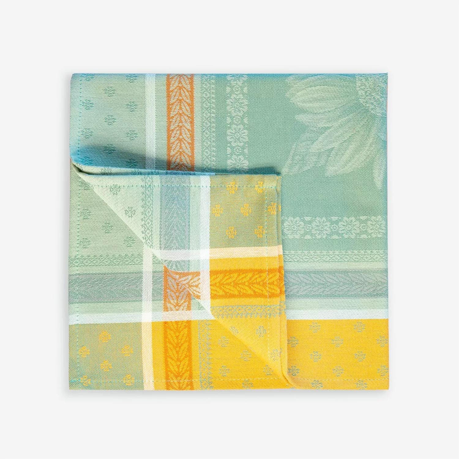 Set of Provence France Napkins jacquard woven teal yellow "Beaulieu"