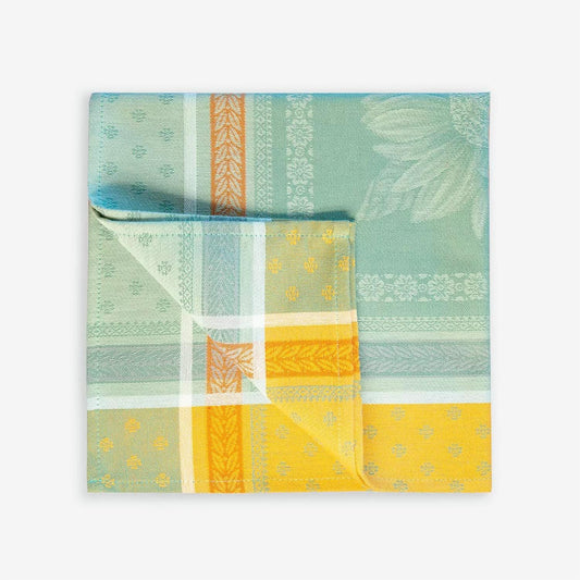 Set of Provence France Napkins jacquard woven teal yellow "Beaulieu"