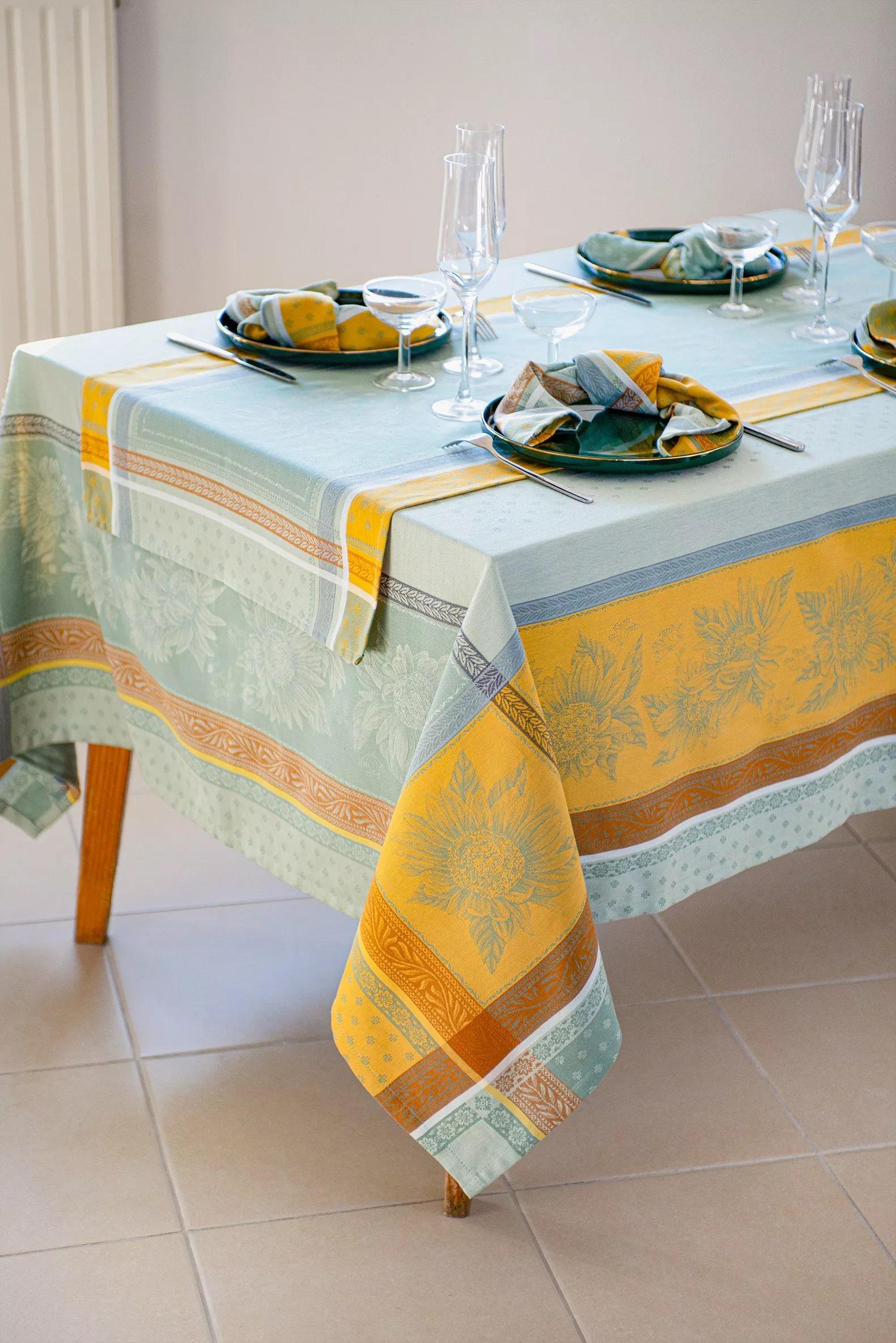 Set of Provence France Napkins jacquard woven teal yellow "Beaulieu"