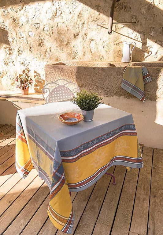 Beautiful Provence Jacquard TableCloth "Citrus" Green Yellow Made in France