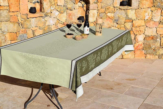 Rectangular 78'' or 98" France Jacquard Provence tablecloth "Olives" Green water repellent