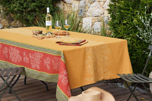 Rectangular 78'' or 98" France Jacquard Provence tablecloth "Olives" Curry Orange Yellow water repellent