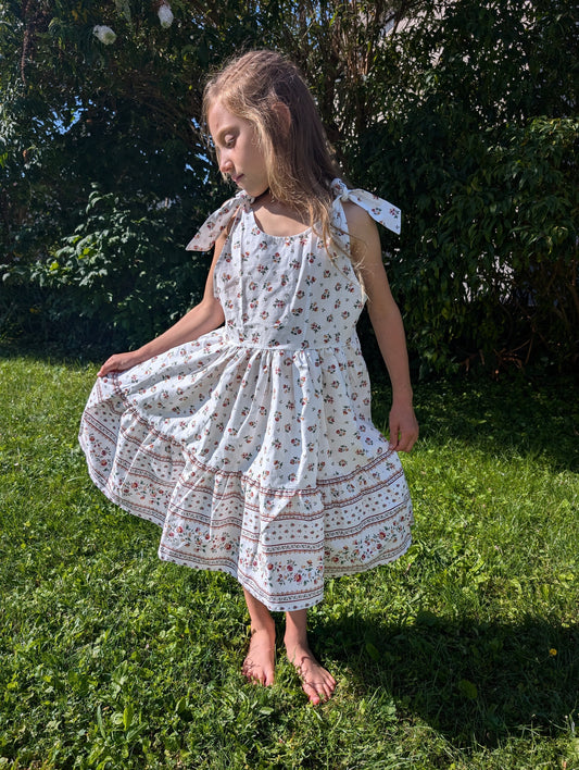 Adorable French Sundress Cotton Girls Made in France Kid Size Wild Flowers Off White Yellow