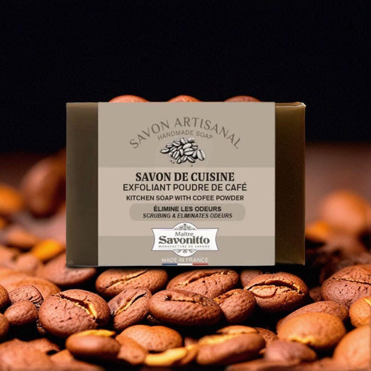Natural Kitchen Soap with Coffee Grounds – Eliminates Garlic, Onion, Fish Odors | Exfoliating Hand Soap & Utensil Cleaner | Made in France