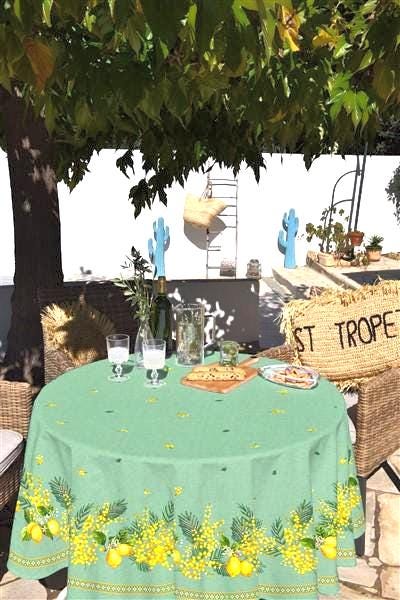 Round 70" coated cotton French Provence tablecloth yellow Mimosa lemon and green
