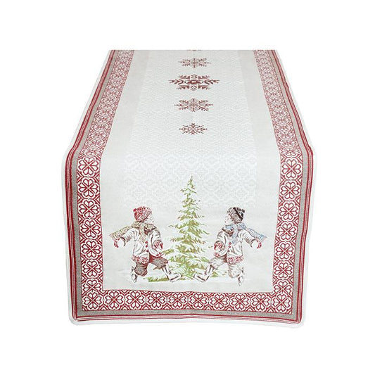 Jacquard Winter Table Runner with Snowy Children Motif Sled