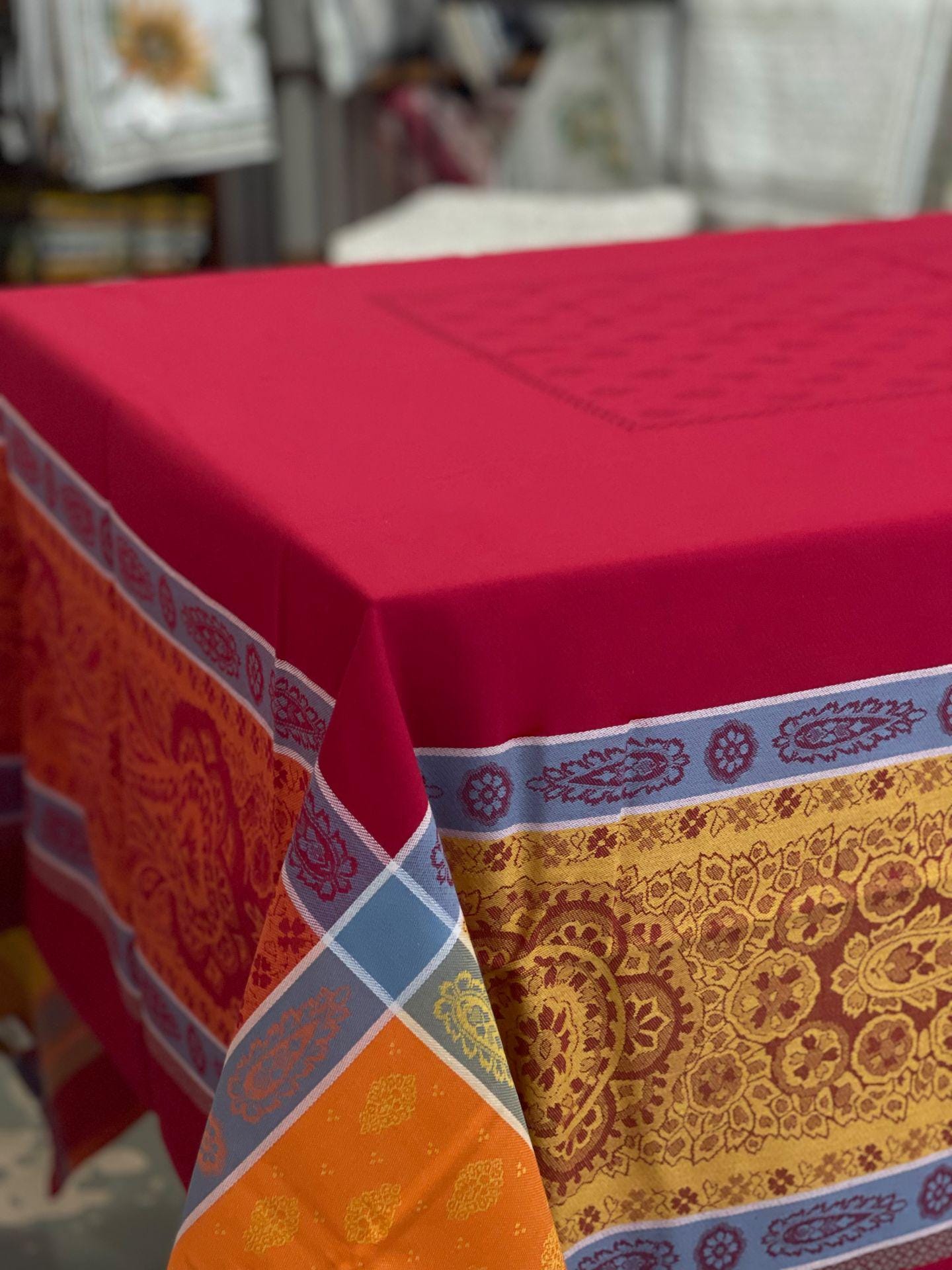 Rectangular 78'' France Jacquard Provence tablecloth "Vaucluse" Carmen Orange Red water repellent