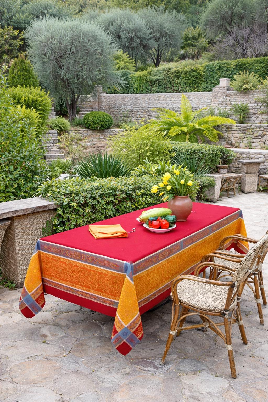 Rectangular 78'' France Jacquard Provence tablecloth "Vaucluse" Carmen Orange Red water repellent