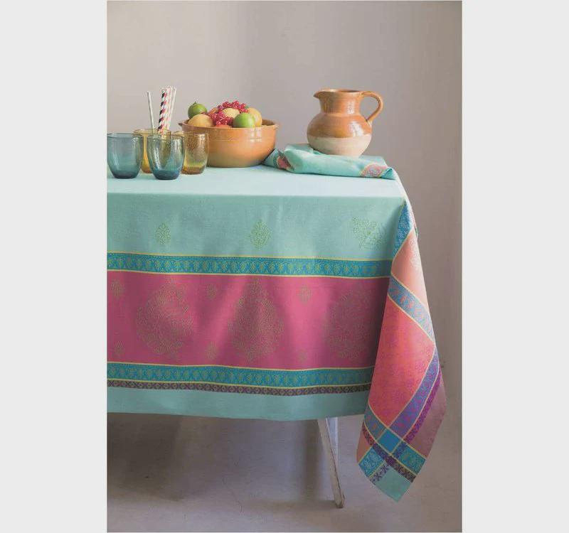 Rectangular 98'' or 118" or 137" France Jacquard Provence tablecloth "Cassis" vibrant colors water repellent soft Turquoise