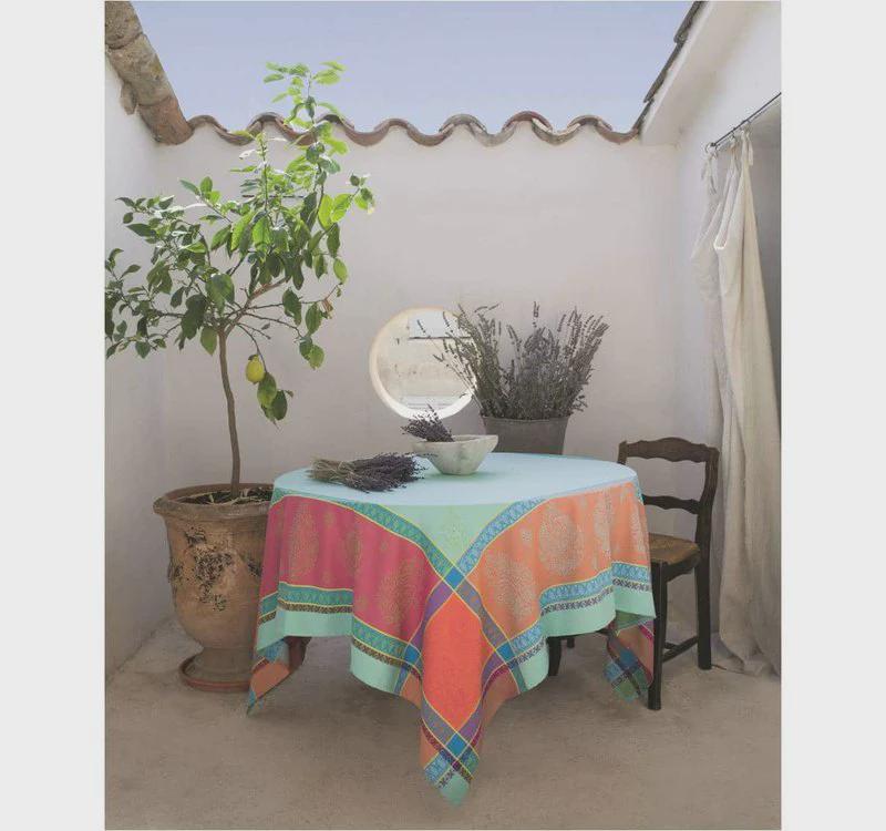 Rectangular 98'' or 118" or 137" France Jacquard Provence tablecloth "Cassis" vibrant colors water repellent soft Turquoise