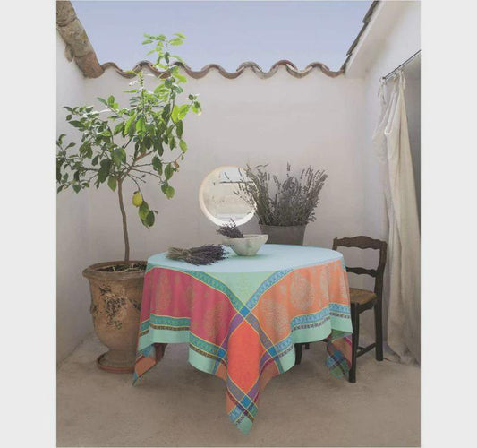 Rectangular 98'' or 118" or 137" France Jacquard Provence tablecloth "Cassis" vibrant colors water repellent soft Turquoise