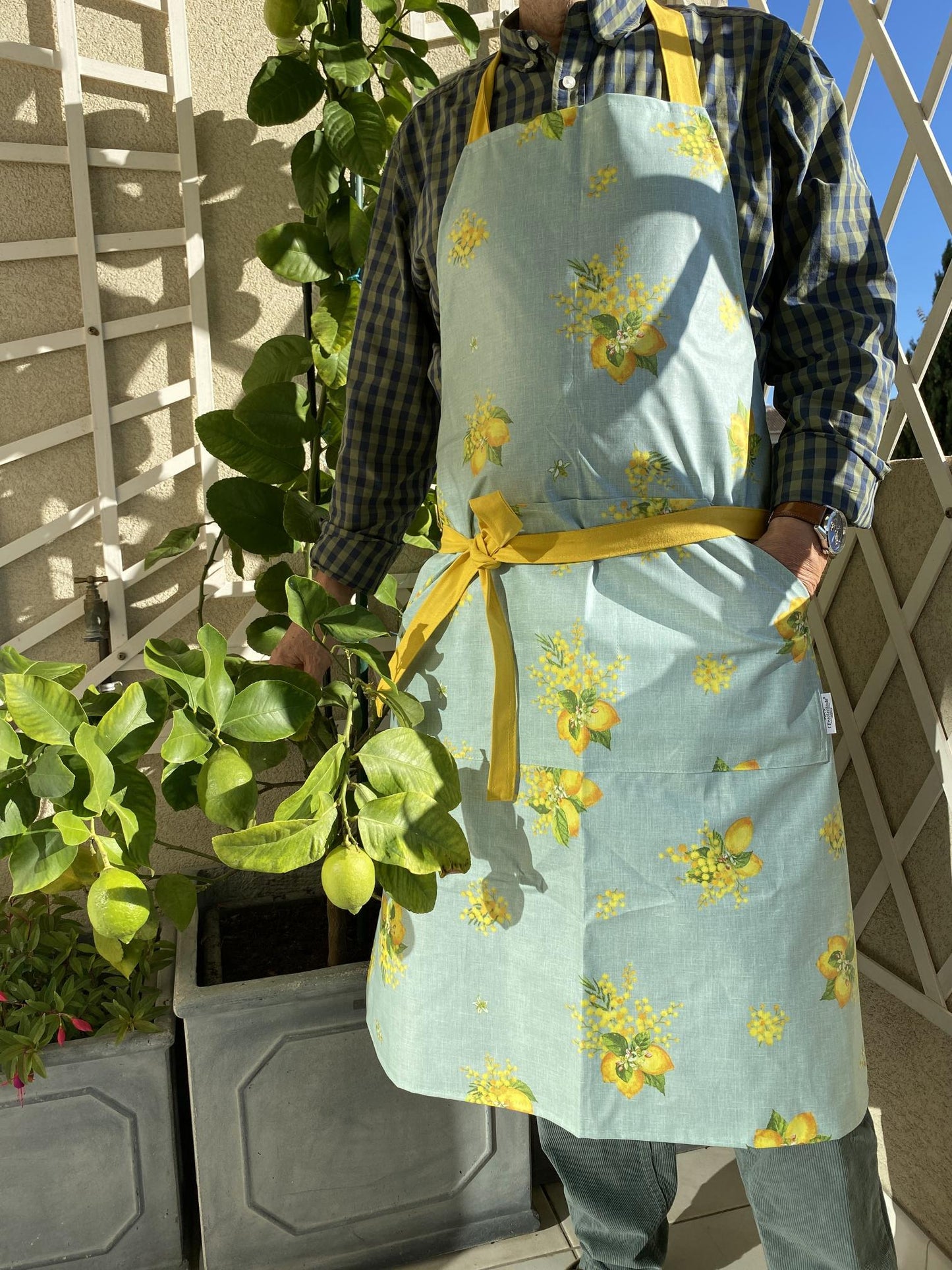 Premium French Apron – Lemon & Mimosa Coated Cotton Apron Blue or Green – Made in France – Stain Resistant - Side Pockets – Provence Gift