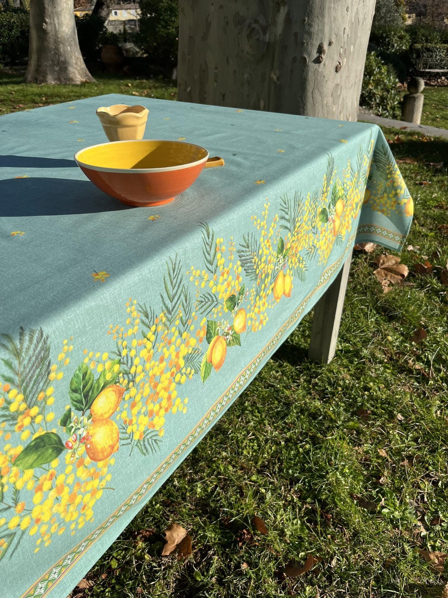 Premium French Apron – Lemon & Mimosa Coated Cotton Apron Blue or Green – Made in France – Stain Resistant - Side Pockets – Provence Gift