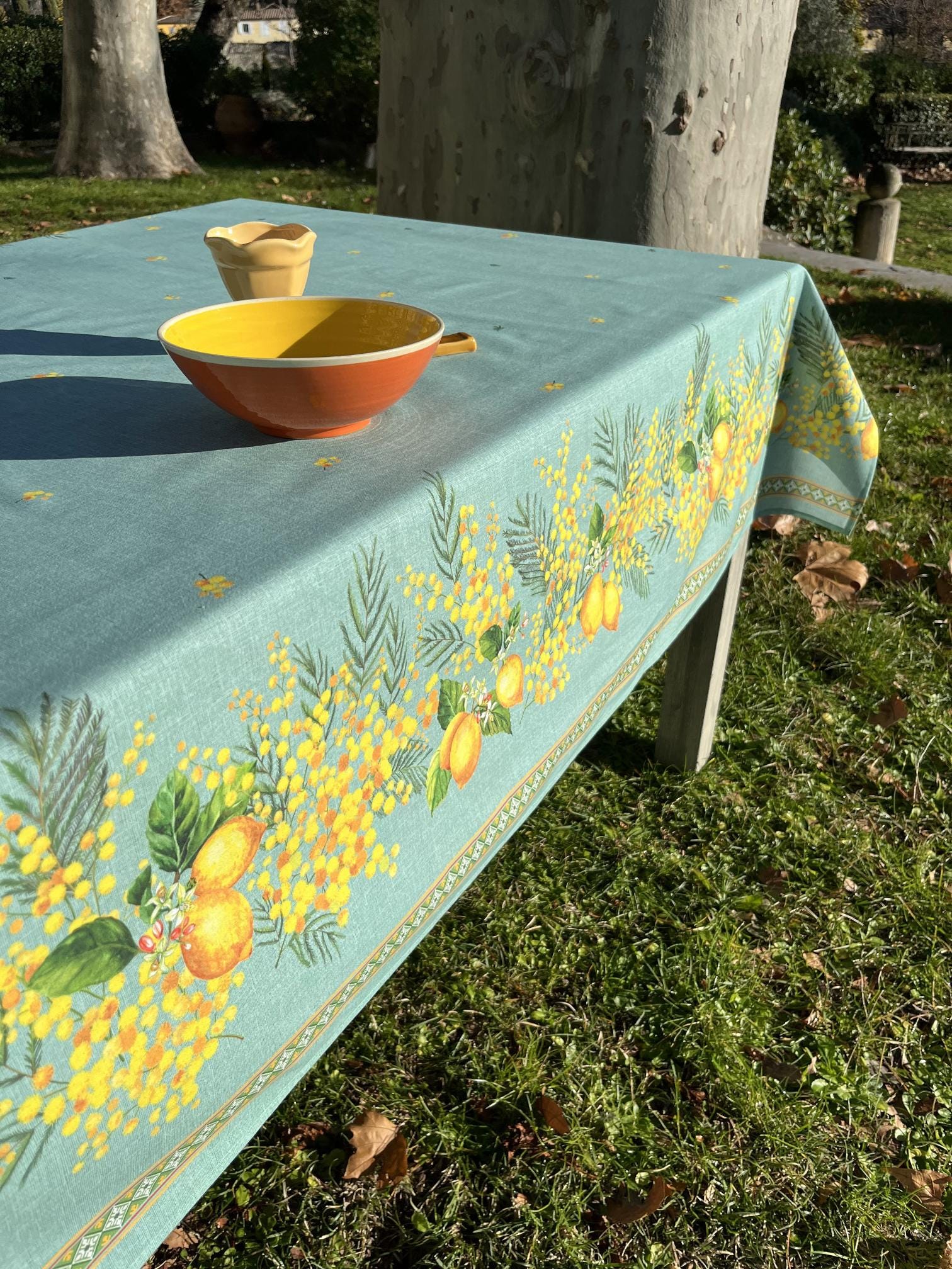 Premium French Apron – Lemon & Mimosa Coated Cotton Apron Blue or Green – Made in France – Stain Resistant - Side Pockets – Provence Gift