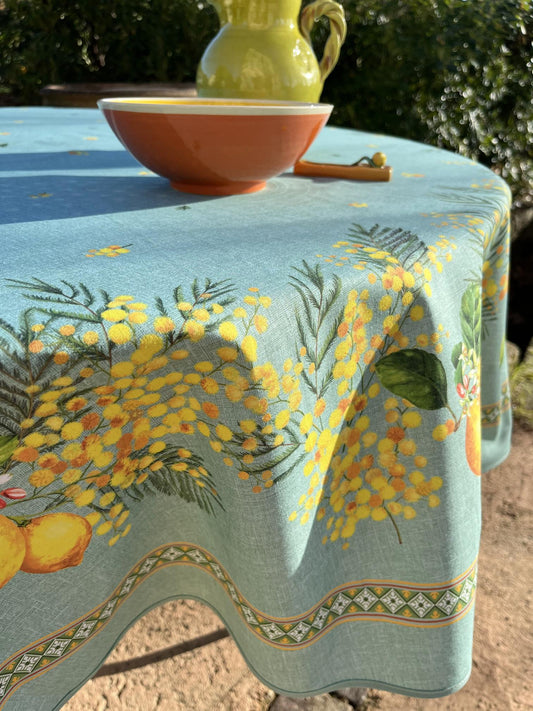 Round 70" coated cotton French Provence tablecloth yellow Mimosa lemon and green