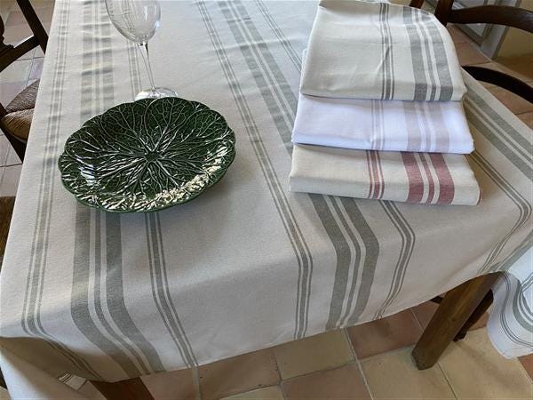 French Sage Stripe Tablecloth 78x63 – Chaumont Nautical Riviera Style – Made in France – Rustic Coastal Dining Table Linen