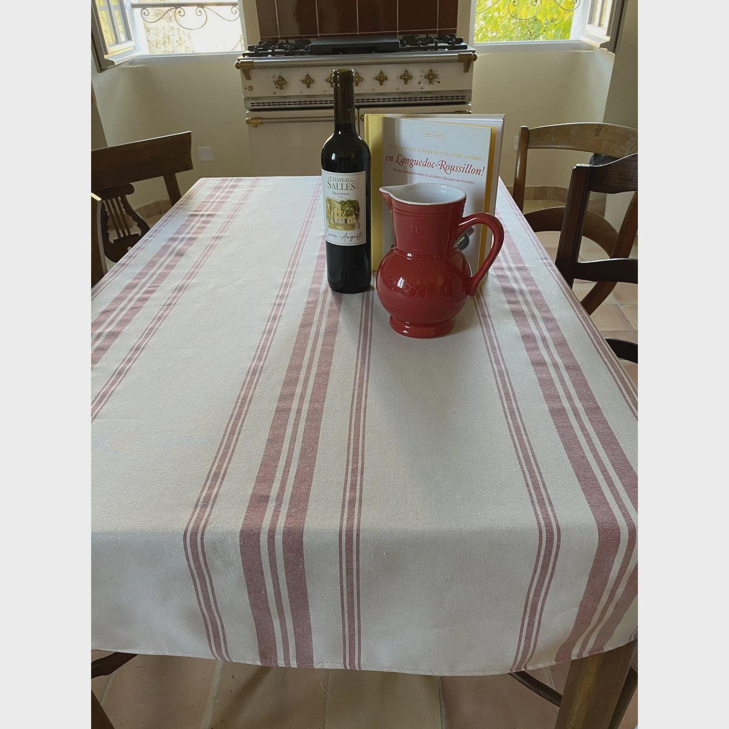 French Red Stripe Tablecloth 78x63 – Chaumont Nautical Riviera Style – Made in France – Rustic Coastal Dining Table Linen