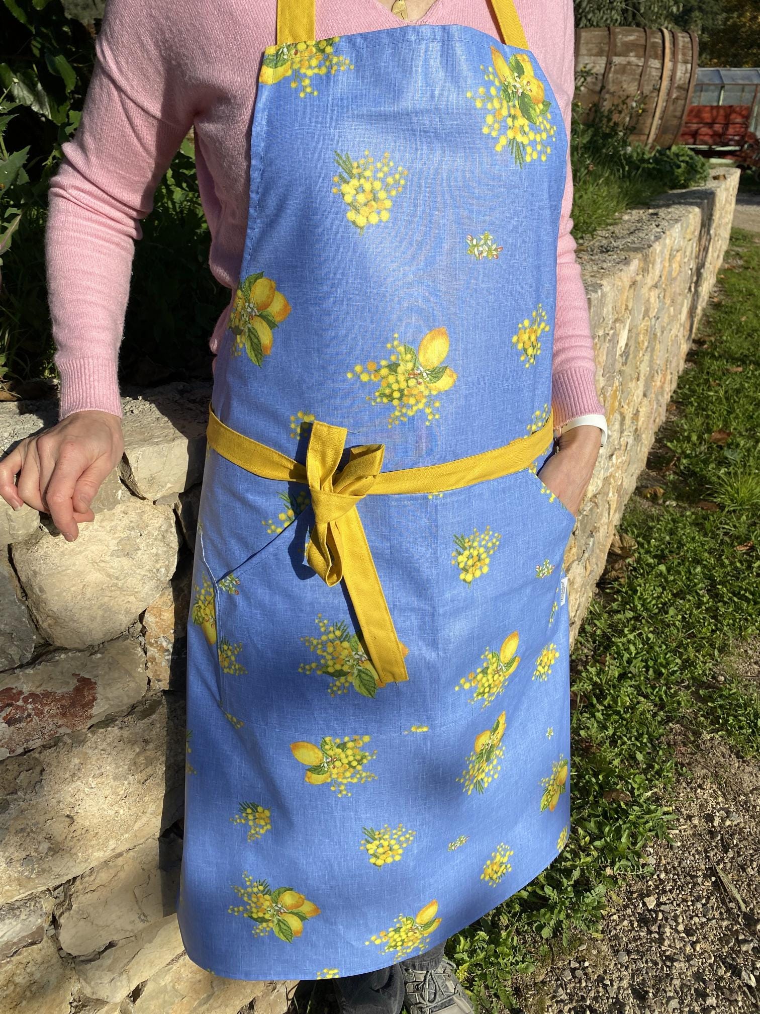 Premium French Apron – Lemon & Mimosa Coated Cotton Apron Blue or Green – Made in France – Stain Resistant - Side Pockets – Provence Gift
