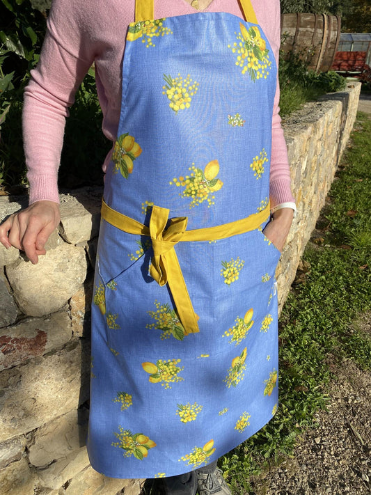 Premium French Apron – Lemon & Mimosa Coated Cotton Apron Blue or Green – Made in France – Stain Resistant - Side Pockets – Provence Gift