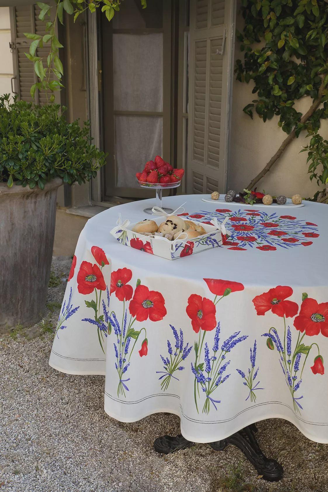 Round 70" Coated or Cotton Provence Tablecloth White Poppy Lavender