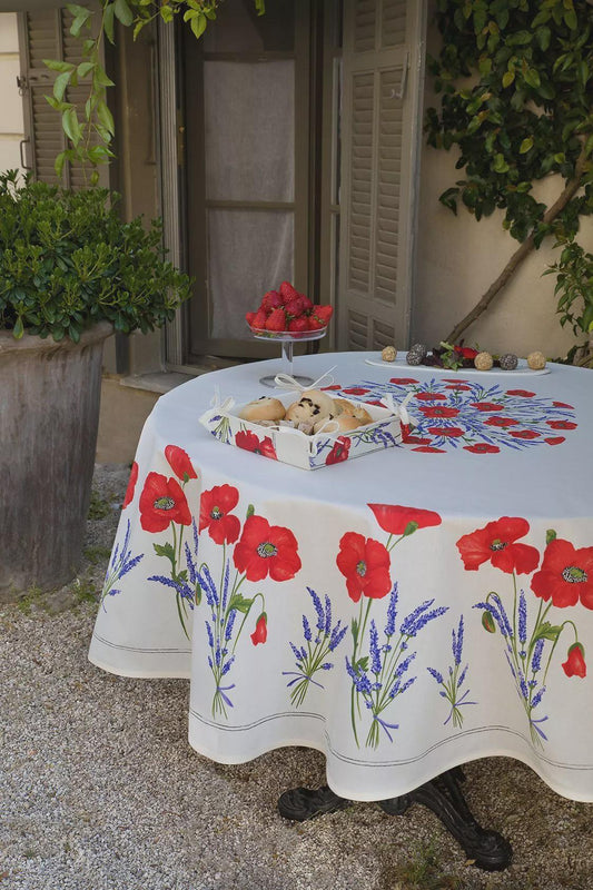 Round 70" Coated or Cotton Provence Tablecloth White Poppy Lavender