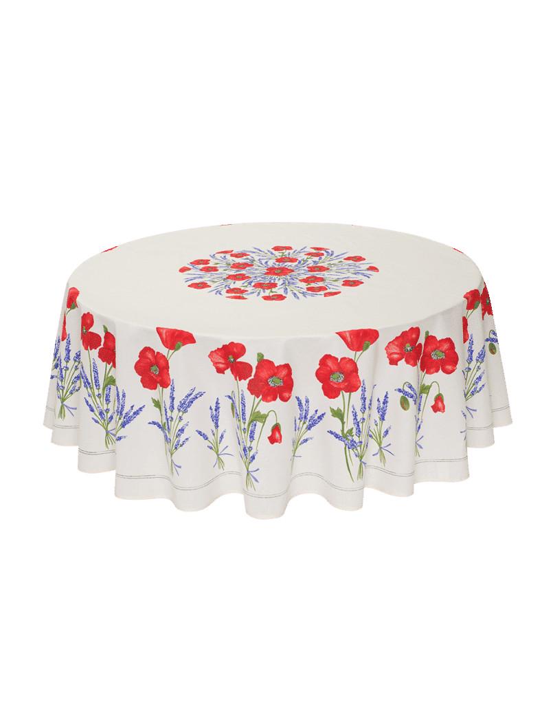 Round 70" Coated or Cotton Provence Tablecloth White Poppy Lavender
