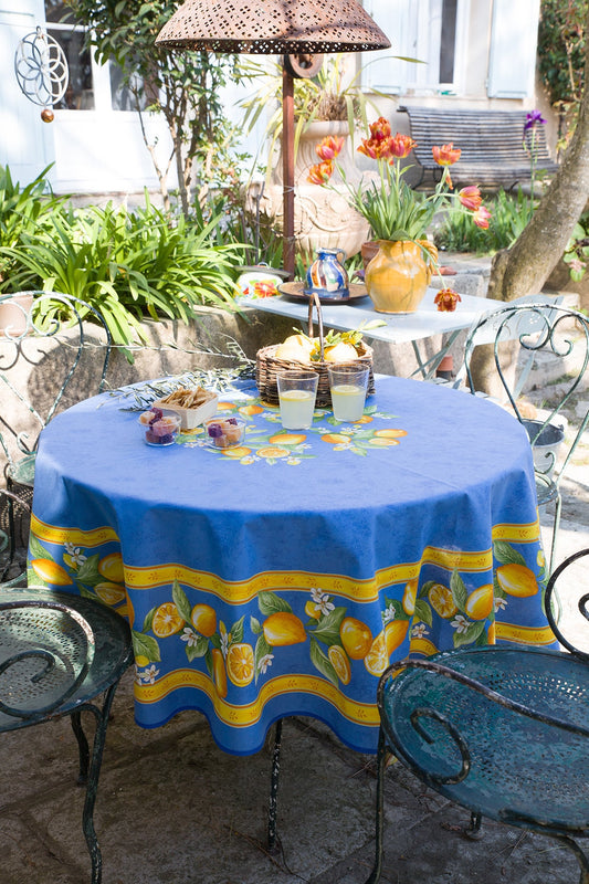 Round 90" Tablecloth - Lemon Blue